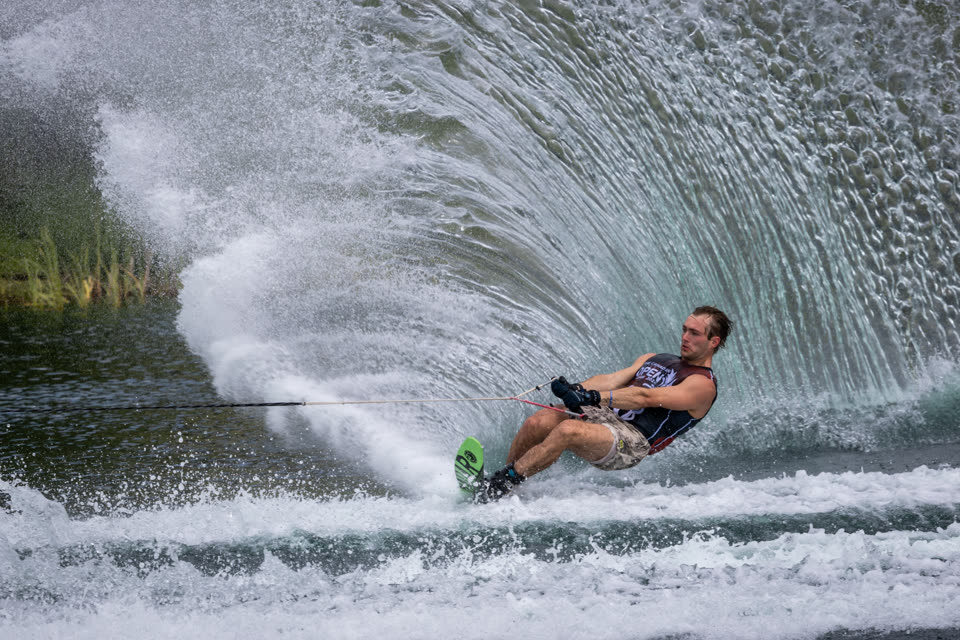 Wall of white water thrown from a slalom turn